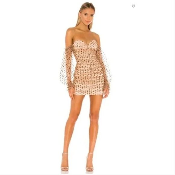 Majorelle Secrets Dark Nude Polka Dot Bodycon Off Shoulder Mini Dress S - Picture 1 of 6